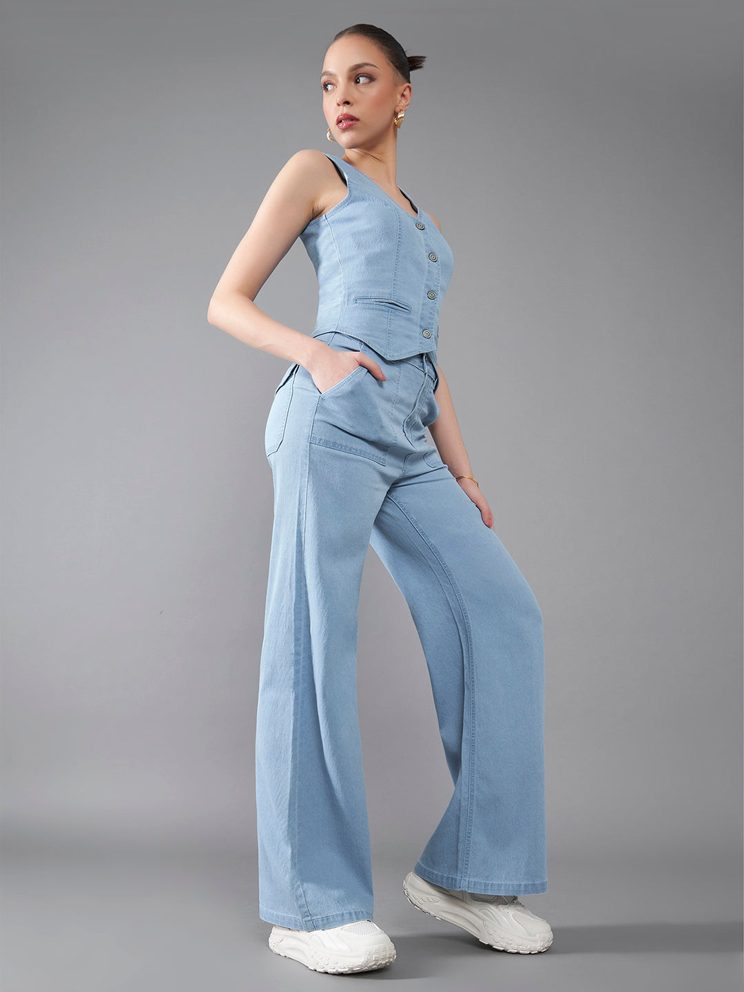 Women's Light Blue Wide-Leg High-Rise Clean-Look Stretchable Light-weight Denim Co-Ord Set