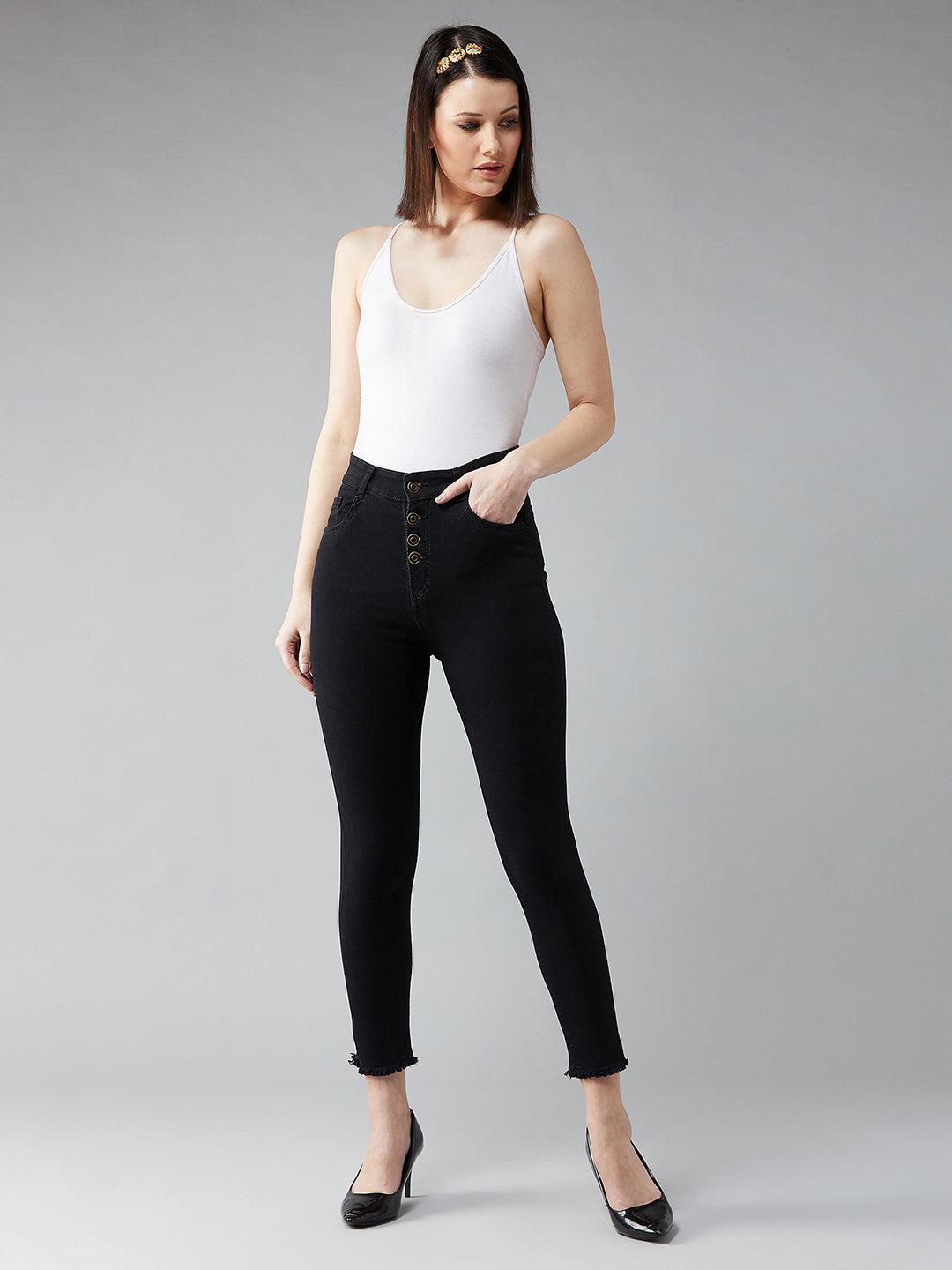 24/7 Comfort Black Skinny High-Rise Cropped Fringed Hemline Stretchable Denim Jeans