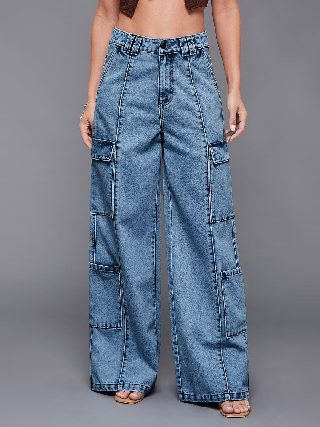 Women's Light Blue Wide-Leg High-Rise Cargo Denim Jeans