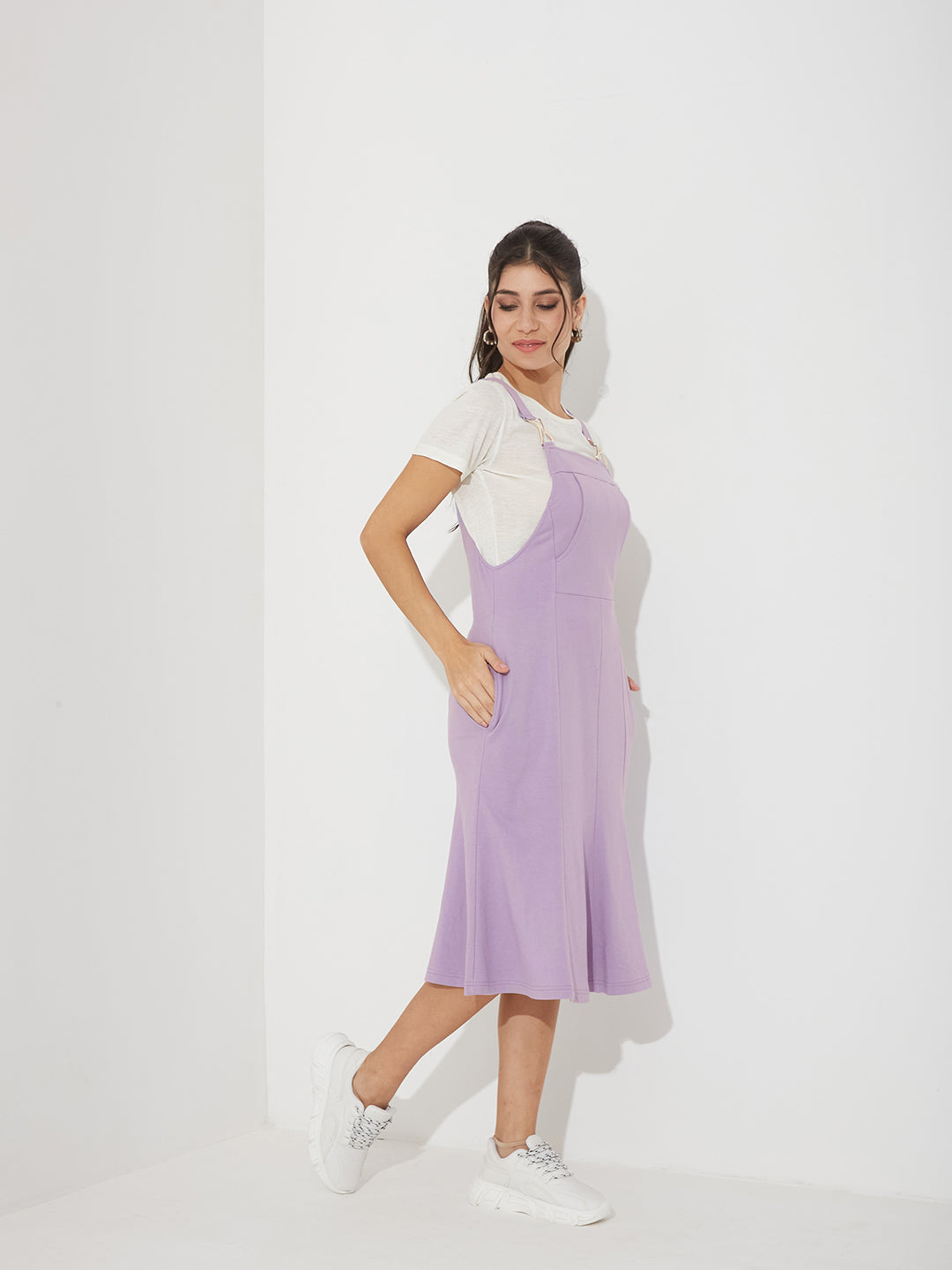 Lavender Round Neck Half Sleeve Solid Panneled/ Pinafore Knee-Long Polyester Dress Co-Ord Set for Women — Miss Chase
