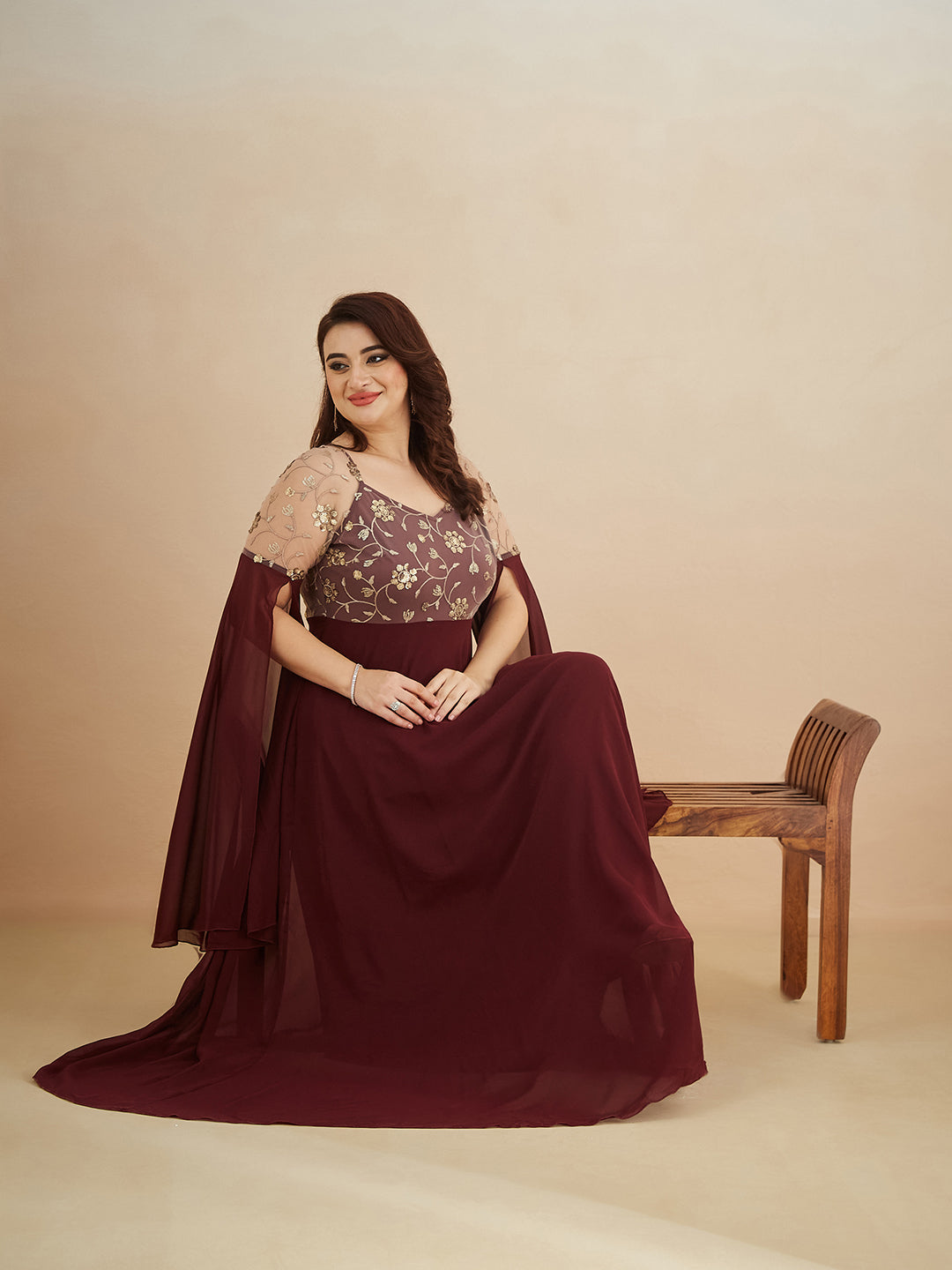 Wine V-Neck Flared Long sleeve Embroidered Fit & Flare Maxi Dress for Women