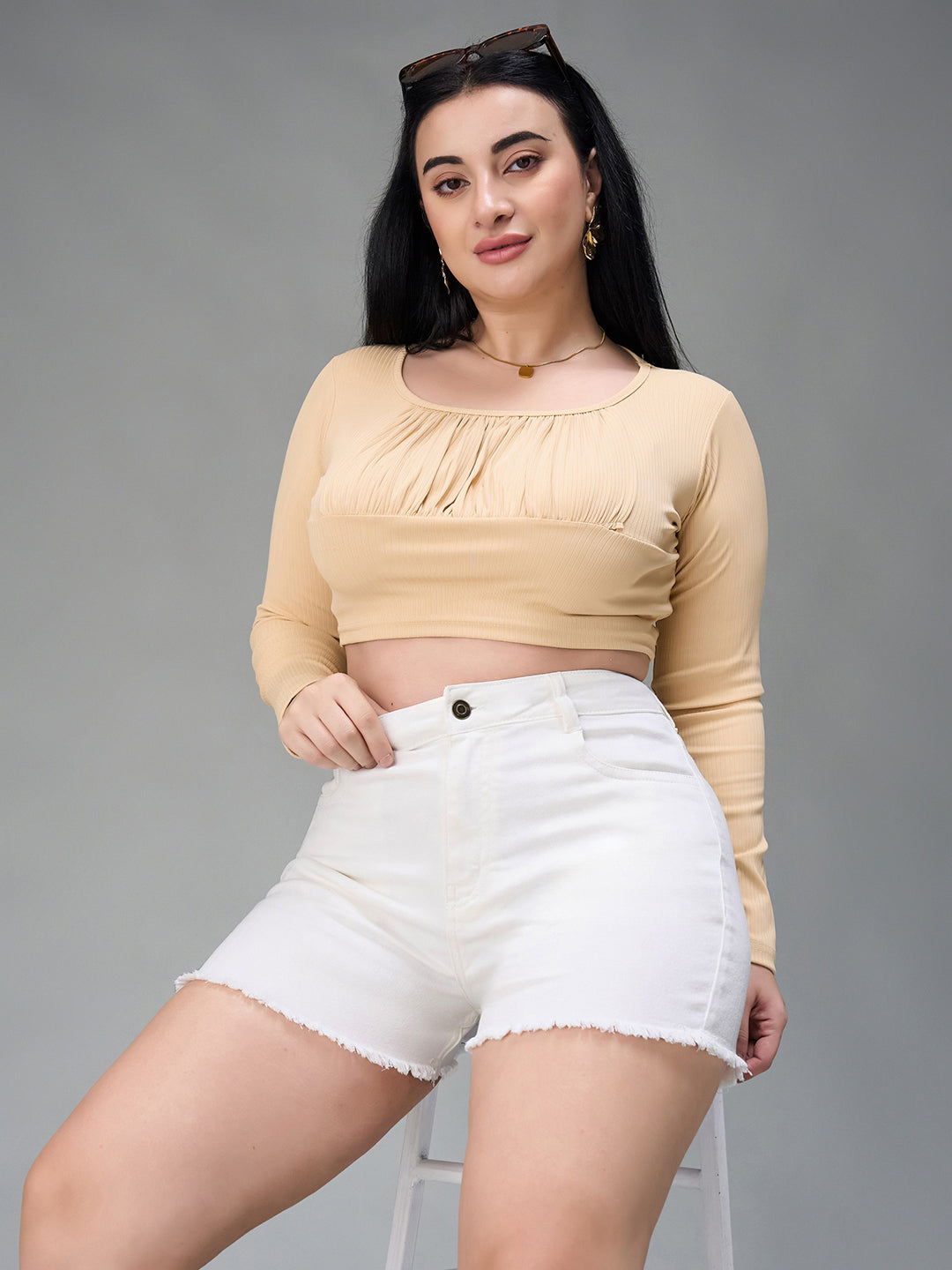 Women's White High-Rise Stretchable Denim Shorts