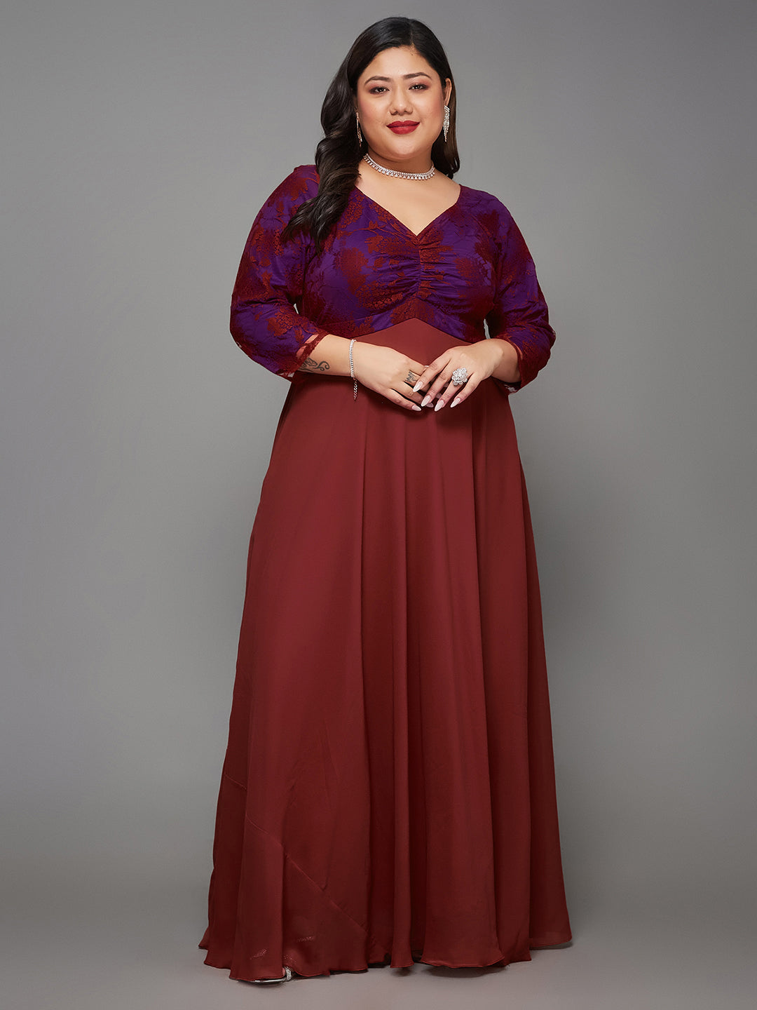 Brick Red Long Sleeves Lace Empire Maxi Dress Long Dress Gown Frock for Women | Birthday Dresses