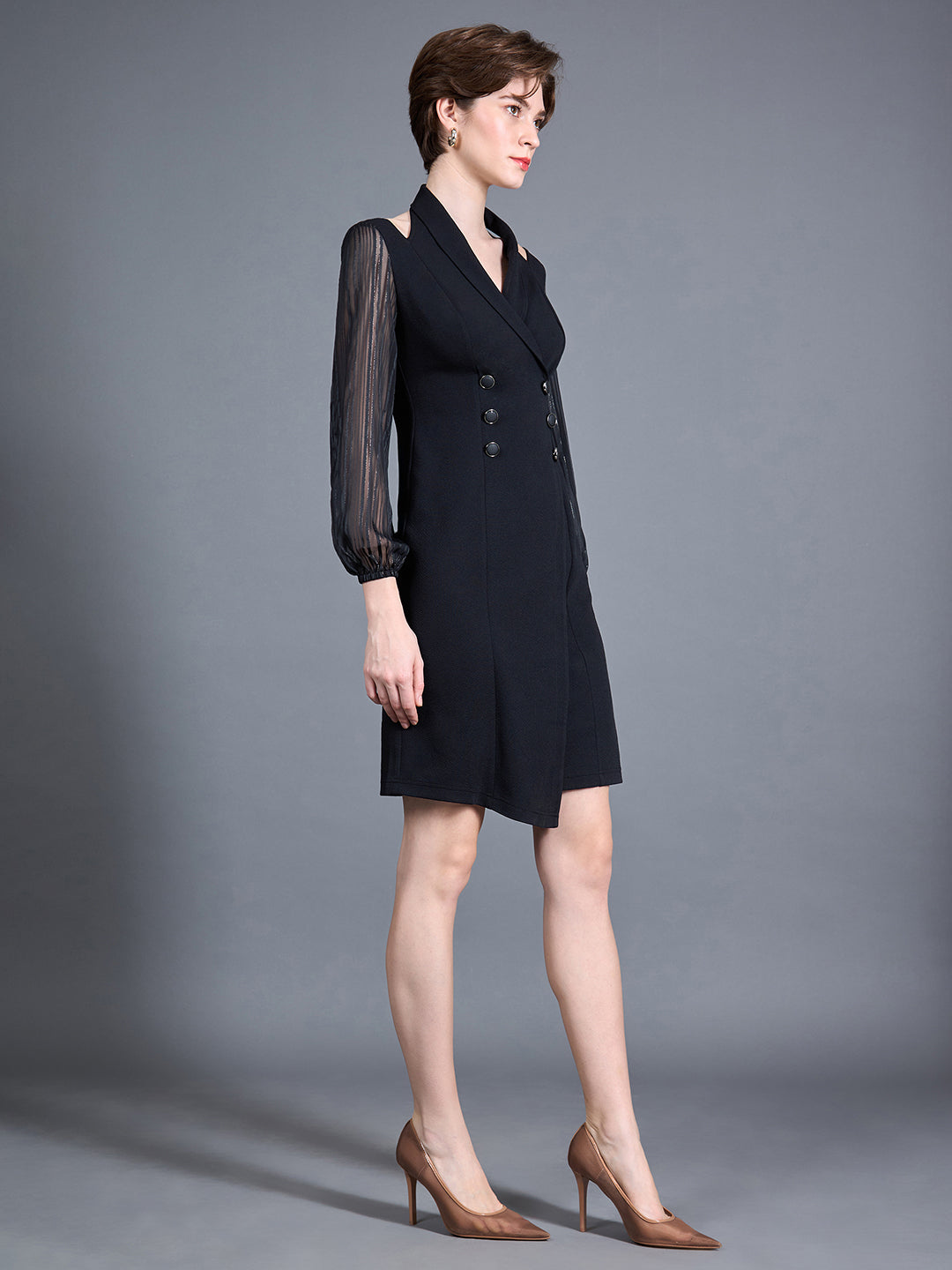 Women's Black Shawl Collar Bishop Sleeves Solid Double Breasted Knee Length Dress