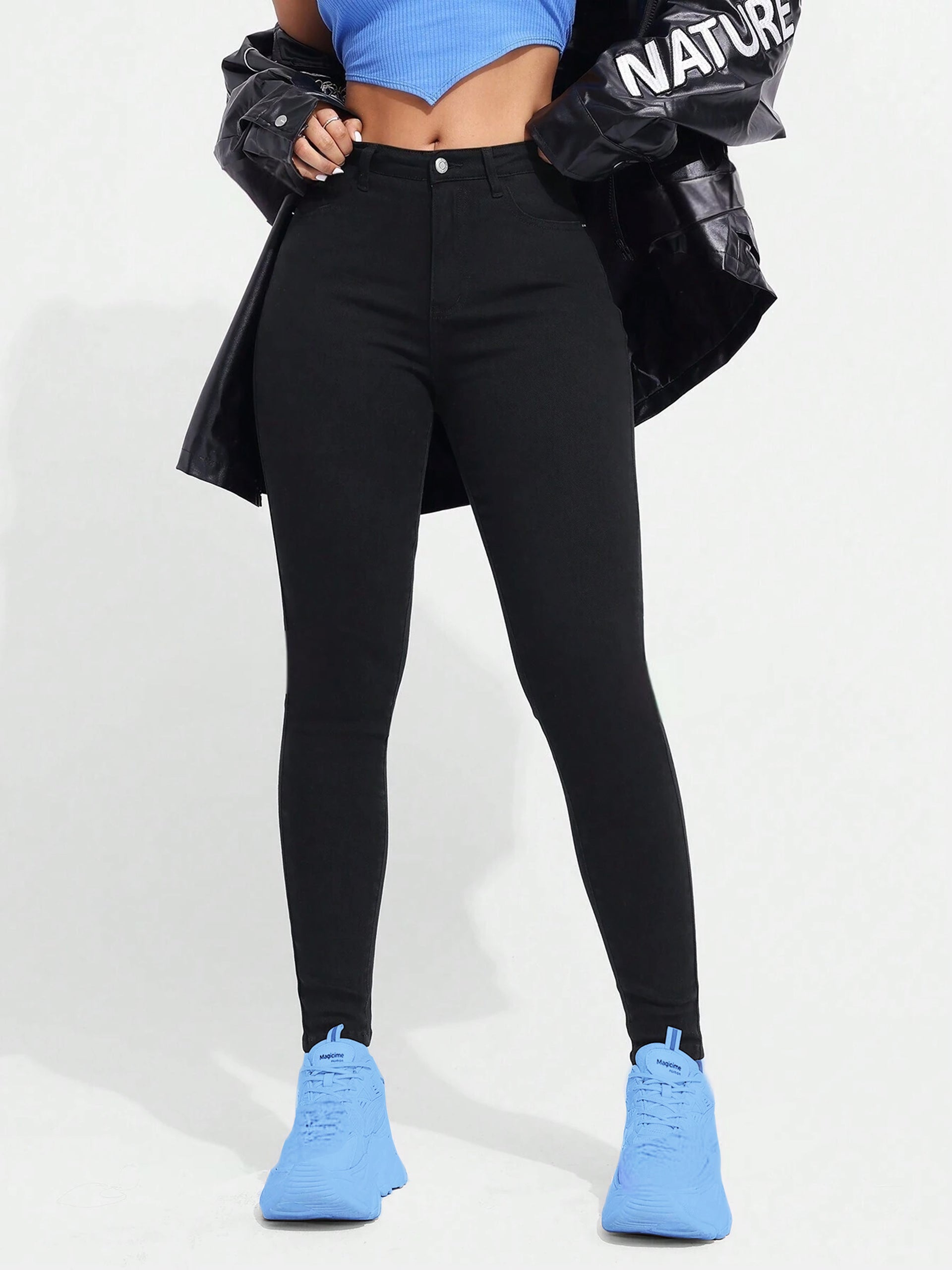 Women's Black Skinny-Fit High-Rise Clean-Look Regular Length Clean-Look Stretchable Denim Jeans