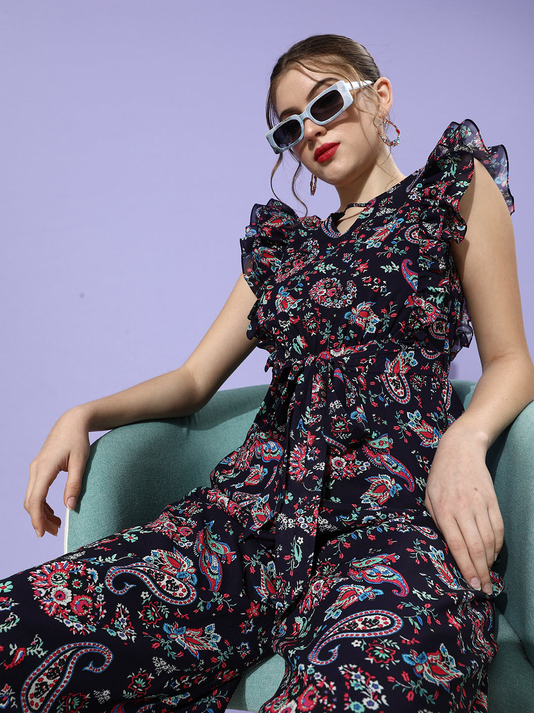 Women's Multicolored-Base-Navy Blue Round Neck Sleeveless Floral Wide-Leg Regular Jumpsuit