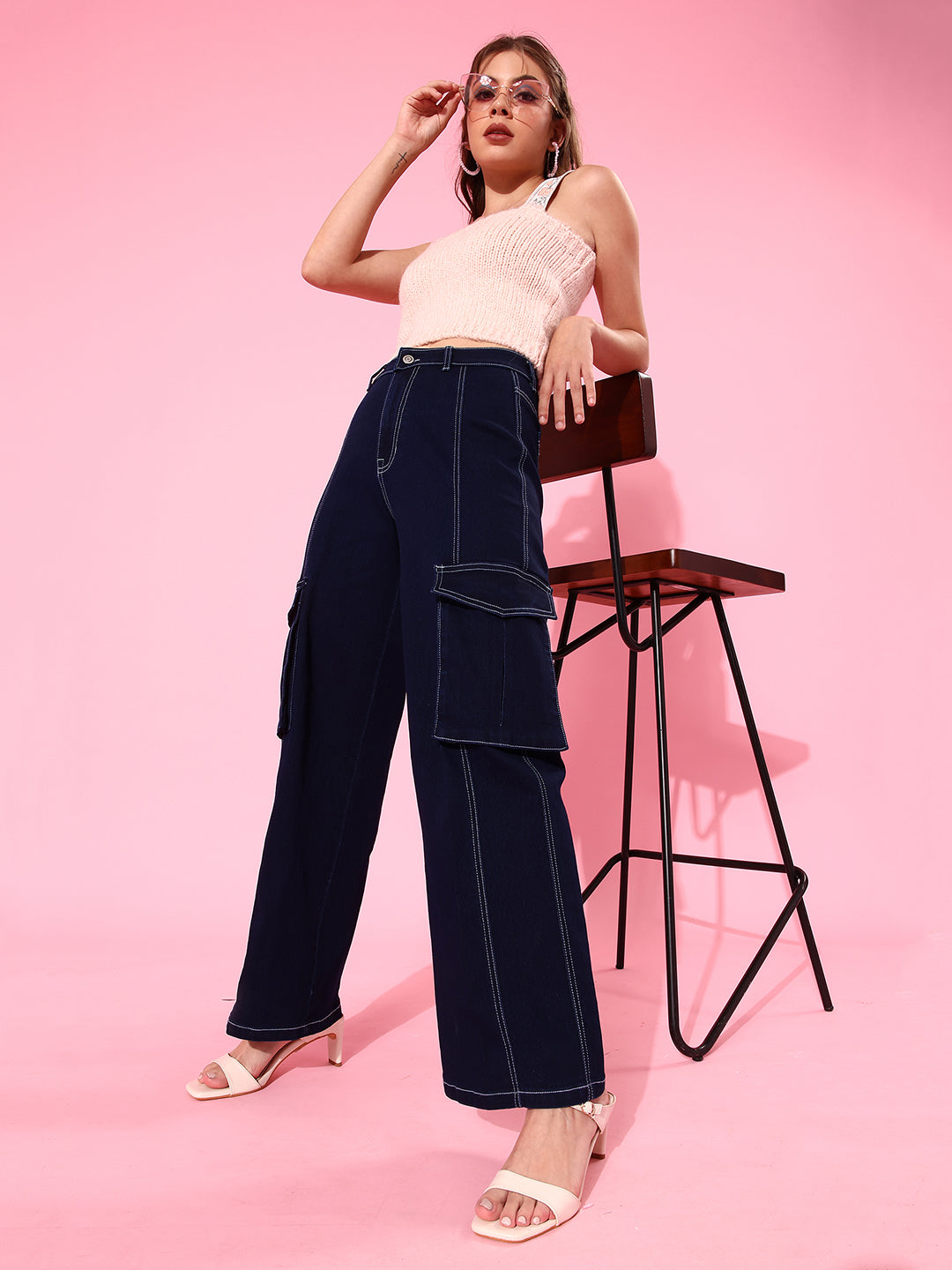 24/7 Comfort Navy Blue Wide-Leg Cargo High-Rise Stretchable Baggy Denim Jeans