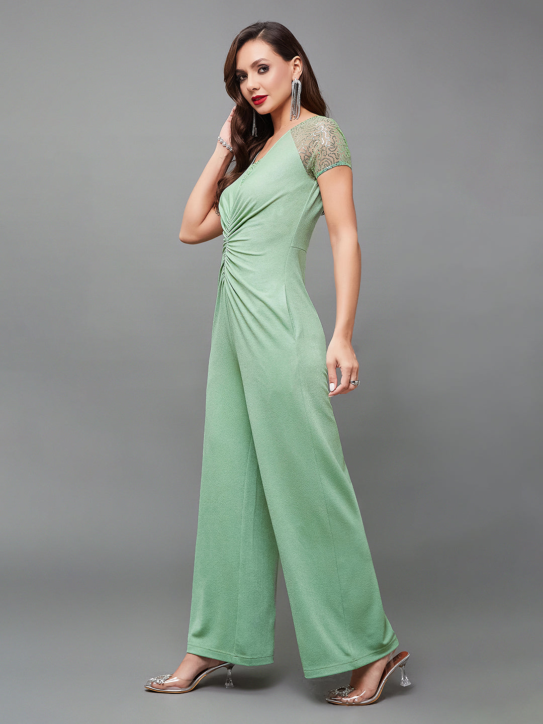 Crease Ease Women's Cocktail Mint Sheer Sleeves Sequined Ruching Party Jumpsuit