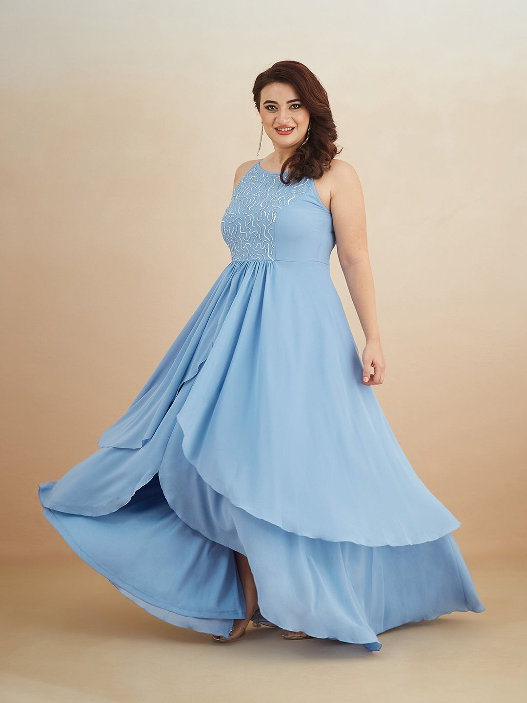 Powder Blue Halter-Neck Sleeveless Embroidered Layered Georgette Maxi Dress for Women