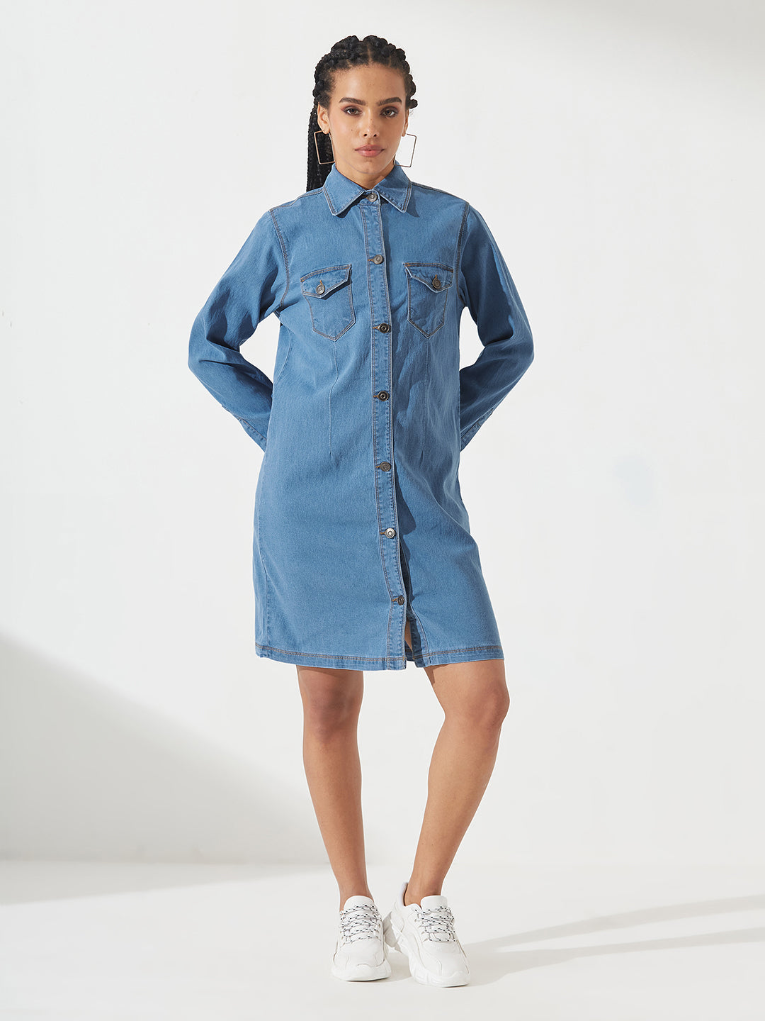 Blue Polo Neck Full Sleeves Denim Knee-Long Shrug for Women