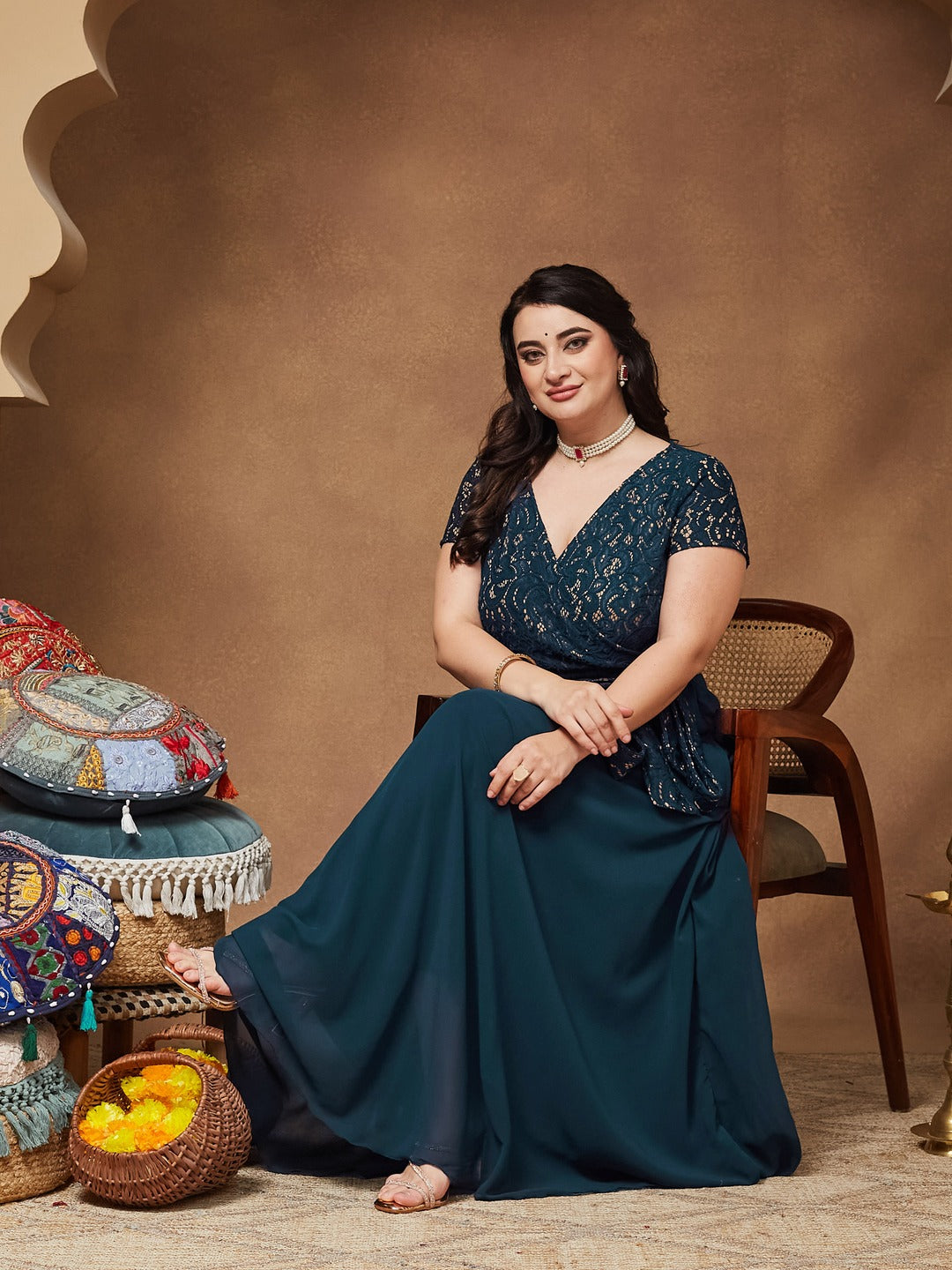 Teal V-Neck Short-Sleeve Self-Designed Lace Overlaid Georgette Maxi Dress for Women