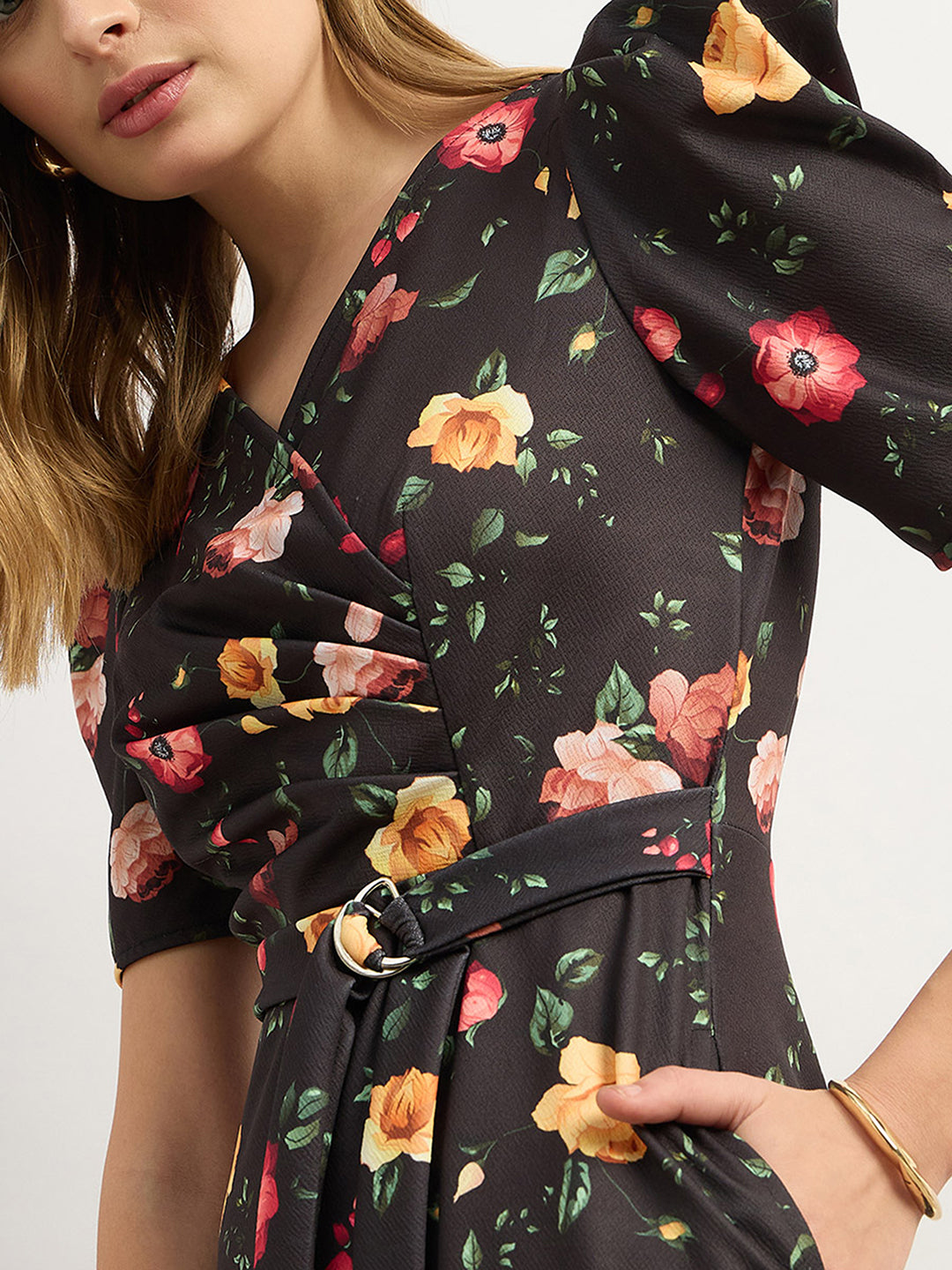 Women's Multicolored-Base-Black V-Neck Pleated Puff Sleeve Floral Patterned Wrap Midi Polyester Dress
