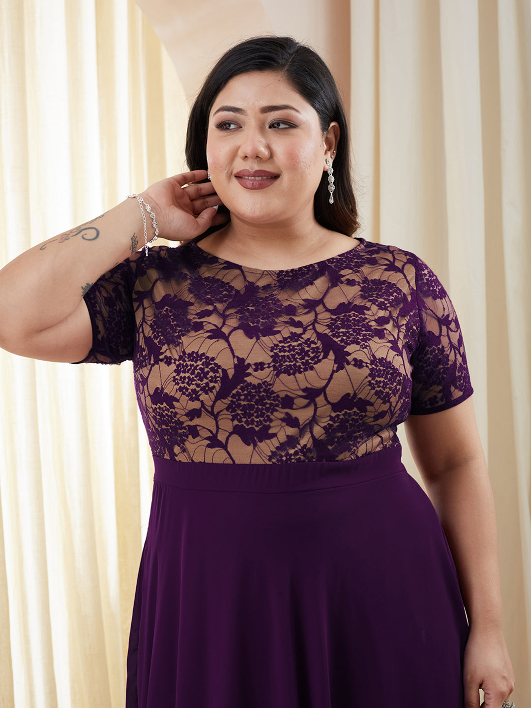 Dark Purple Round Neck Half Sleeve Self Design Fit & Flare Georgette Maxi Dress for Women