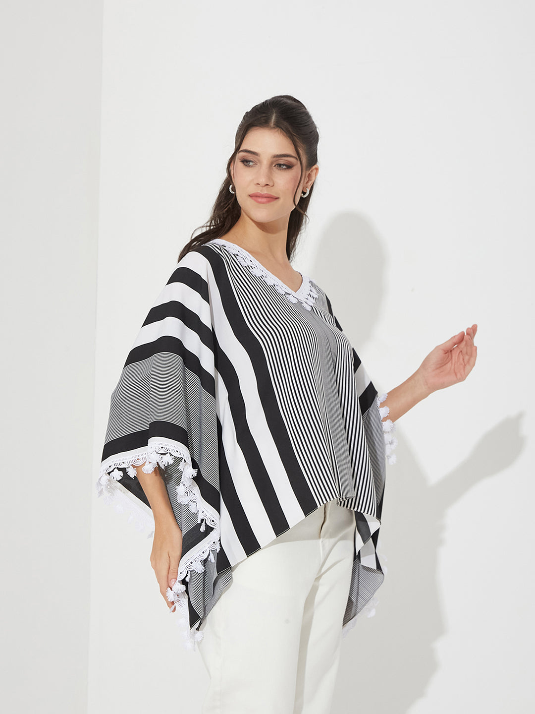 Women's Black & White V-Neck Kaftan Sleeve Striped Regular-Length Crepe Kaftan Top