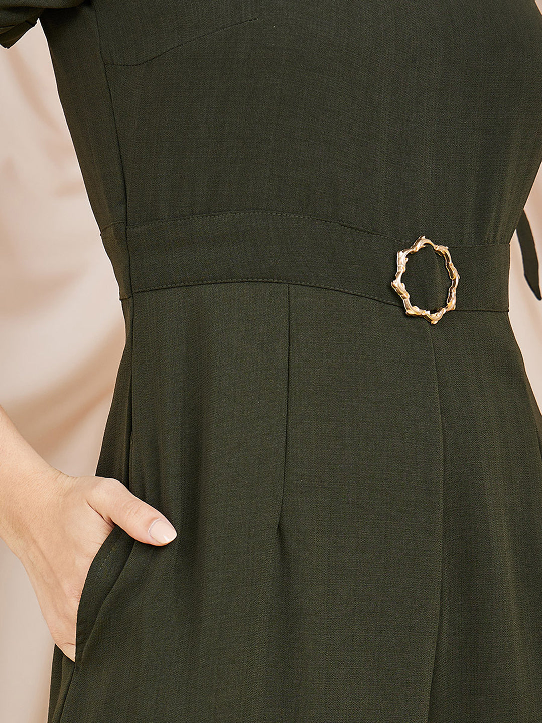 Women's Dark Green Square neck Puff sleeve Solid Wide Leg Regular Jumpsuit