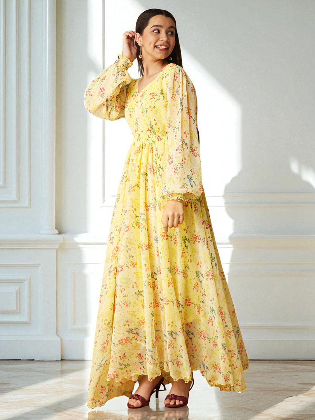 Multicolored-Base-LimeYellow V-Neck Bishop Sleeve Floral Gathered Chiffon Maxi Dress for Women