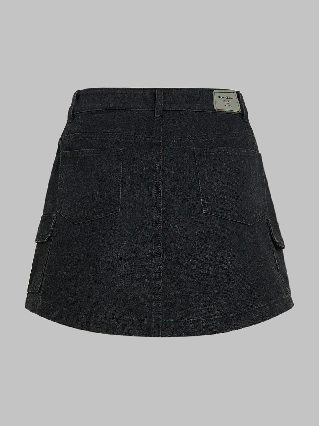 Black Straight-Fit High-Rise Cargo Mini Denim Skirt for Women