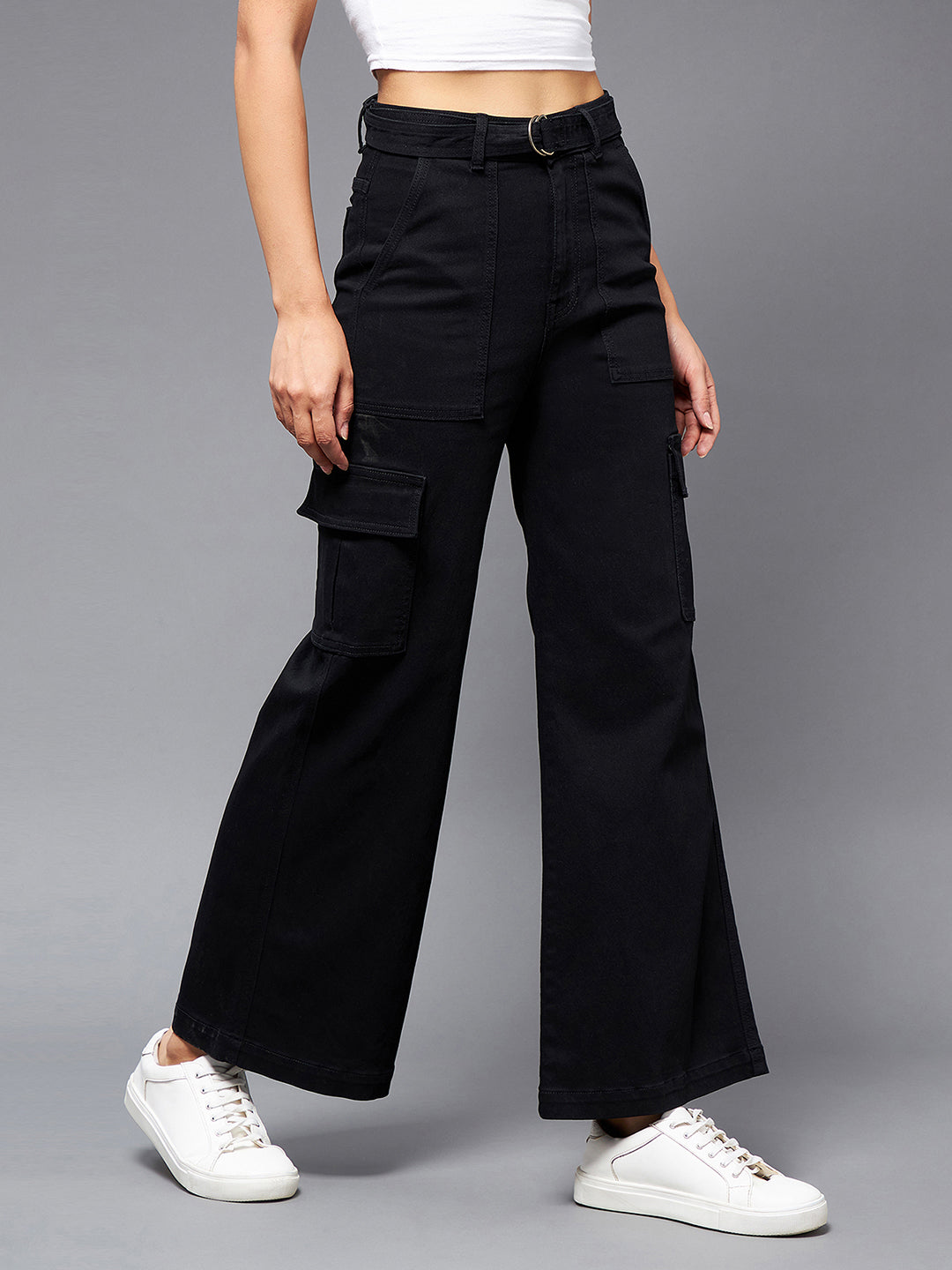 Black Wide-Leg High-Rise Stretchable Denim Jeans for Women