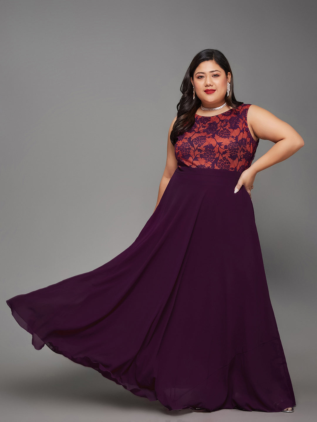 Body Bliss Dark Purple Georgette & Lace Floral Fit & Flare Maxi Dress