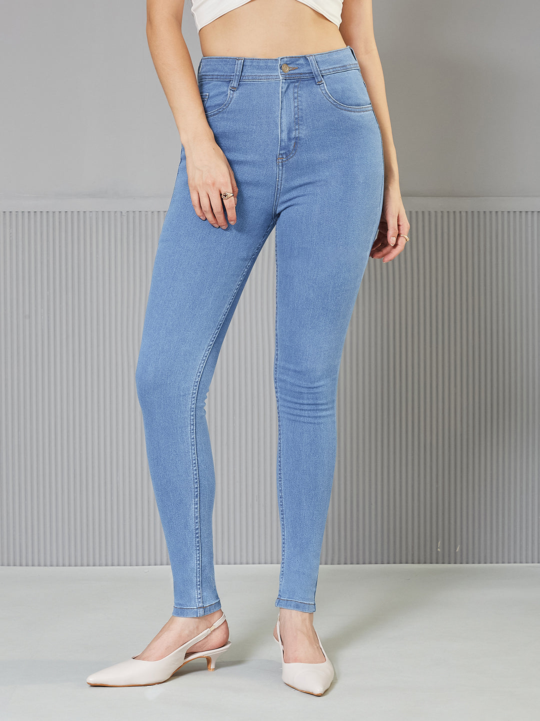 Blue Skinny-Fit High-Rise Distressed Denim Jeans for Women