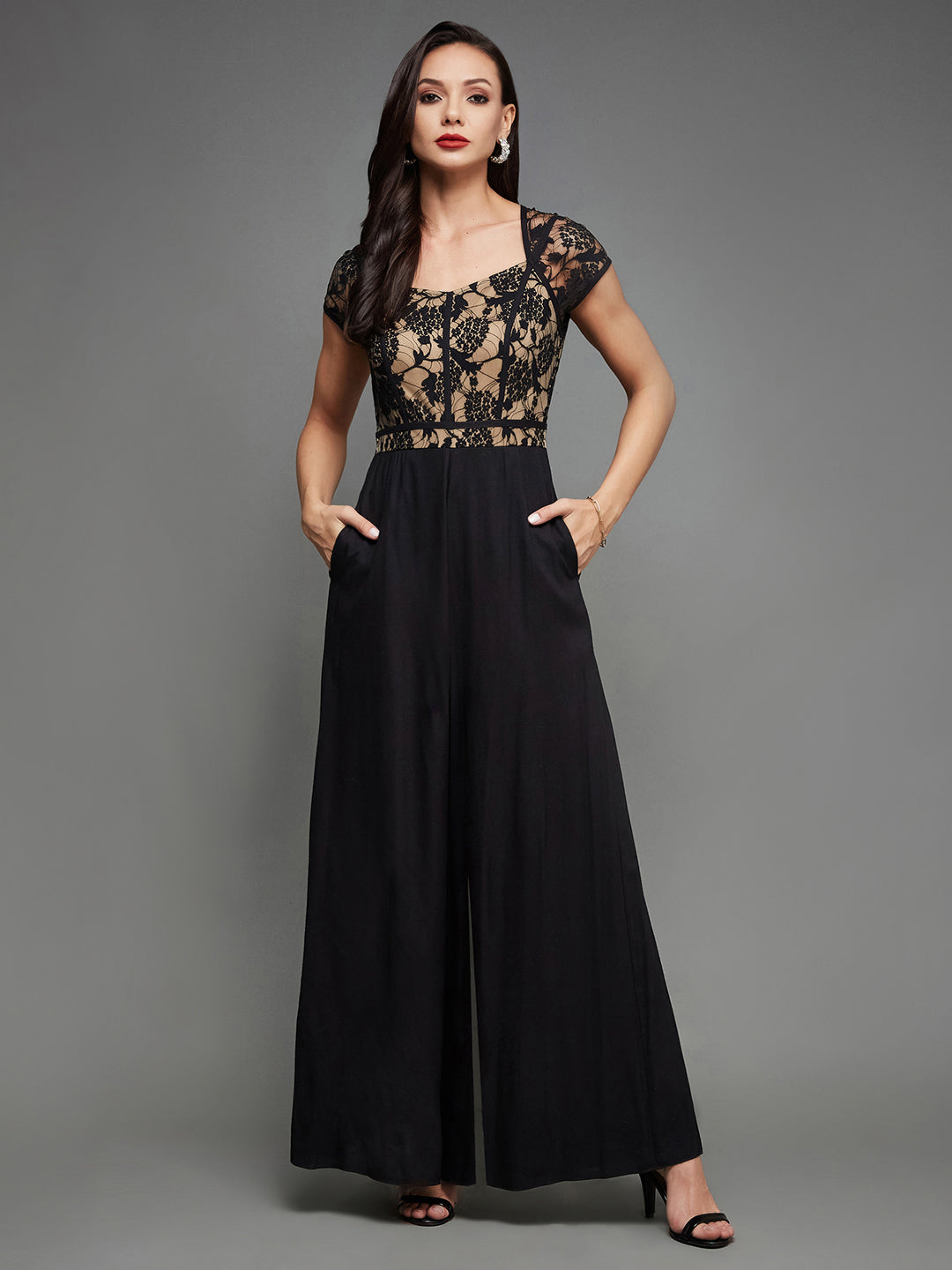 Women's Black Sweetheart Neck Raglan Sleeve Floral Lace Overlaid Jumpsuit