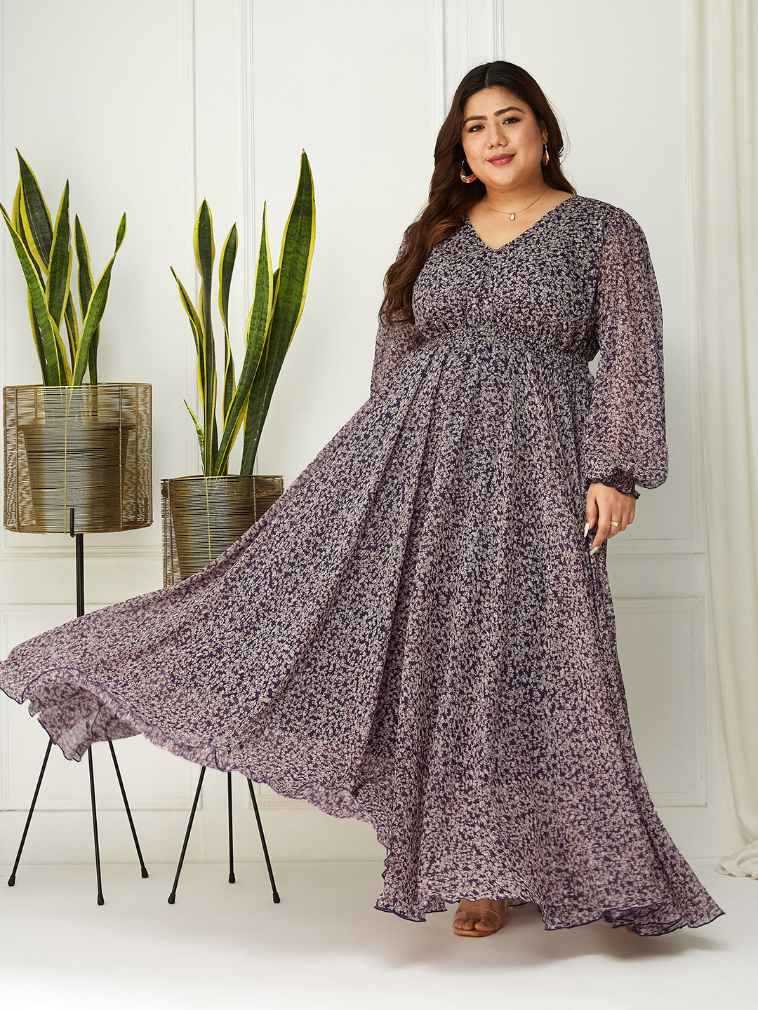 Body Bliss Multicolored-Base-Purple Floral Gathered Chiffon Maxi Dress