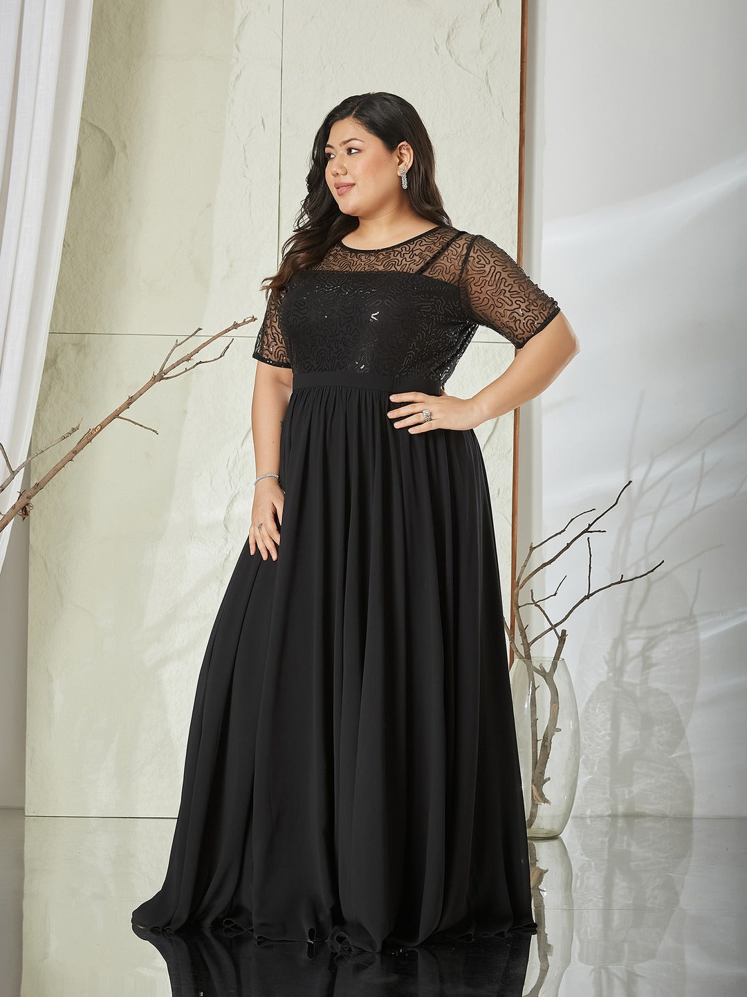 Black Relaxed Fit Maxi Georgette & Sequins Dress for Women
