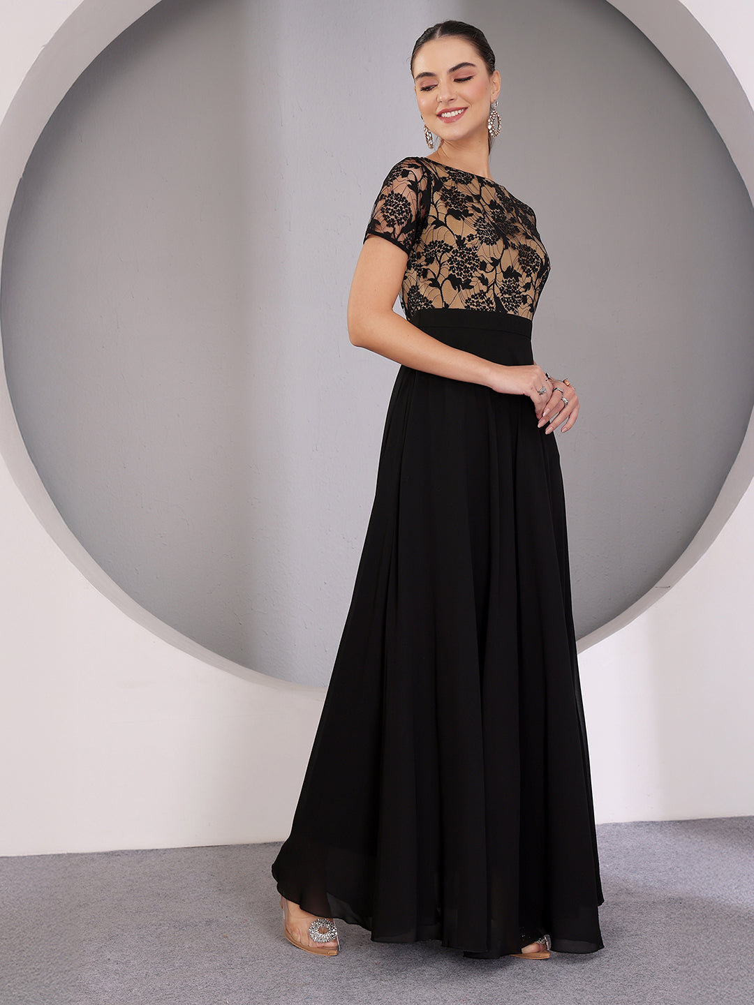 Women's Black Round-Neck Half-Sleeve Self-Design Fit-&-Flare Georgette Maxi Dress