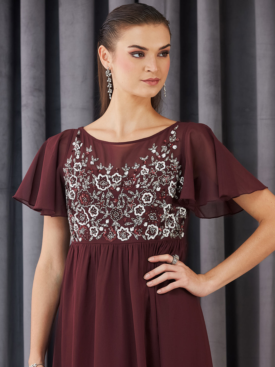 Women's Wine Boat Neck Half Sleeve Solid Embellished Georgette Maxi Dress