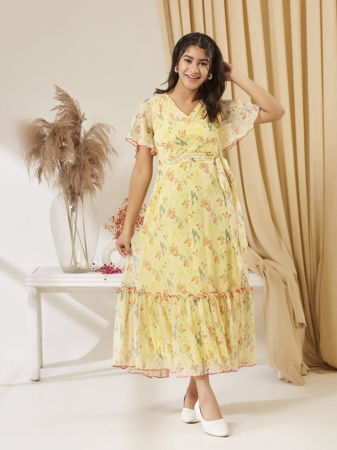 Yellow V Neck Flared Sleeve Floral Wrap Maxi Dress for Girls/Teenagers