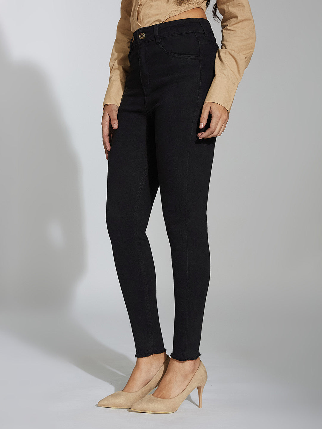 24/7 Comfort Black Skinny Fringed Detailing High-Rise Cropped Stretchable Denim Jeans