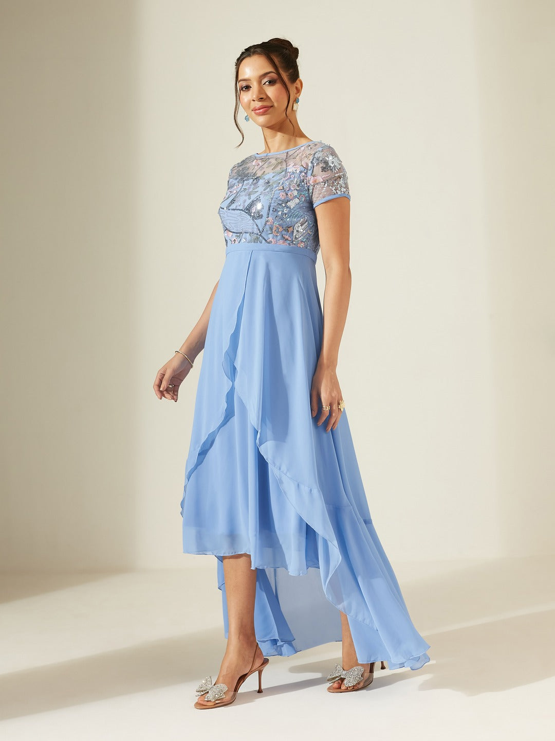 Sky Blue Round Neck Short Sleeve Floral Layered Georgette Midi Dress for Women