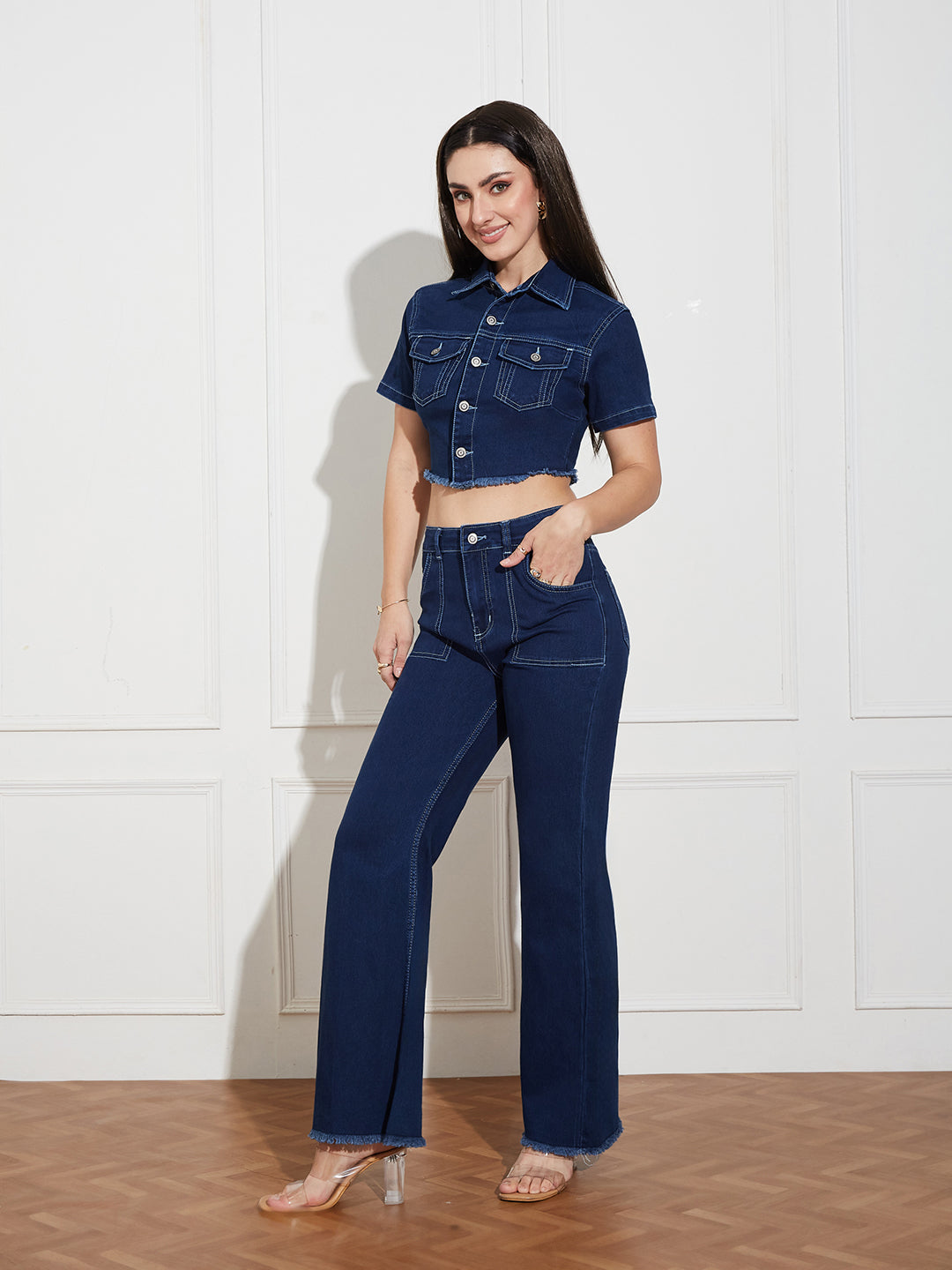 Women's Navy Blue Bootcut High-Rise Clean-Look Cropped Top, Regular Bottom Stretchable Denim Co-Ord Set