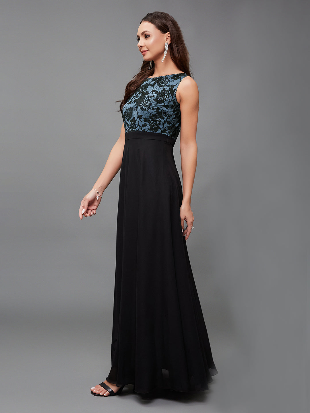 Women's Blue & Black Round Neck Sleeveless Georgette Floral Lace Fit & Flare Maxi Dress