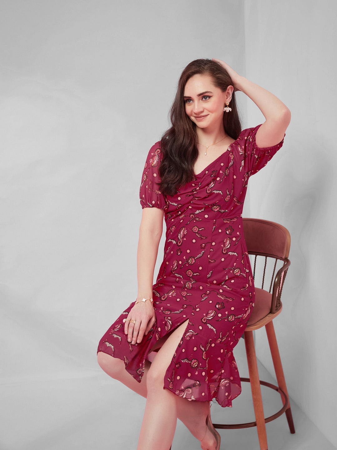 Dark Pink Sweetheart Half Sleeve Floral Fit & Flare Midi Dress for Women