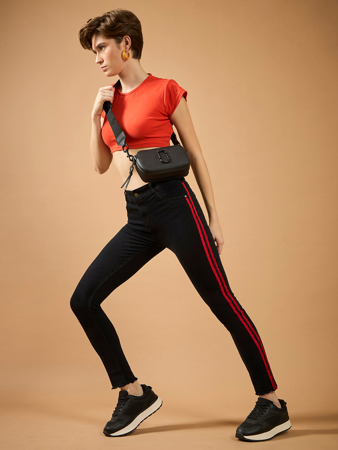 Women's Black Slim Fit High-Rise Clean-Look Regular-Length twill Tape Detailing Stretchable Denim Jeans