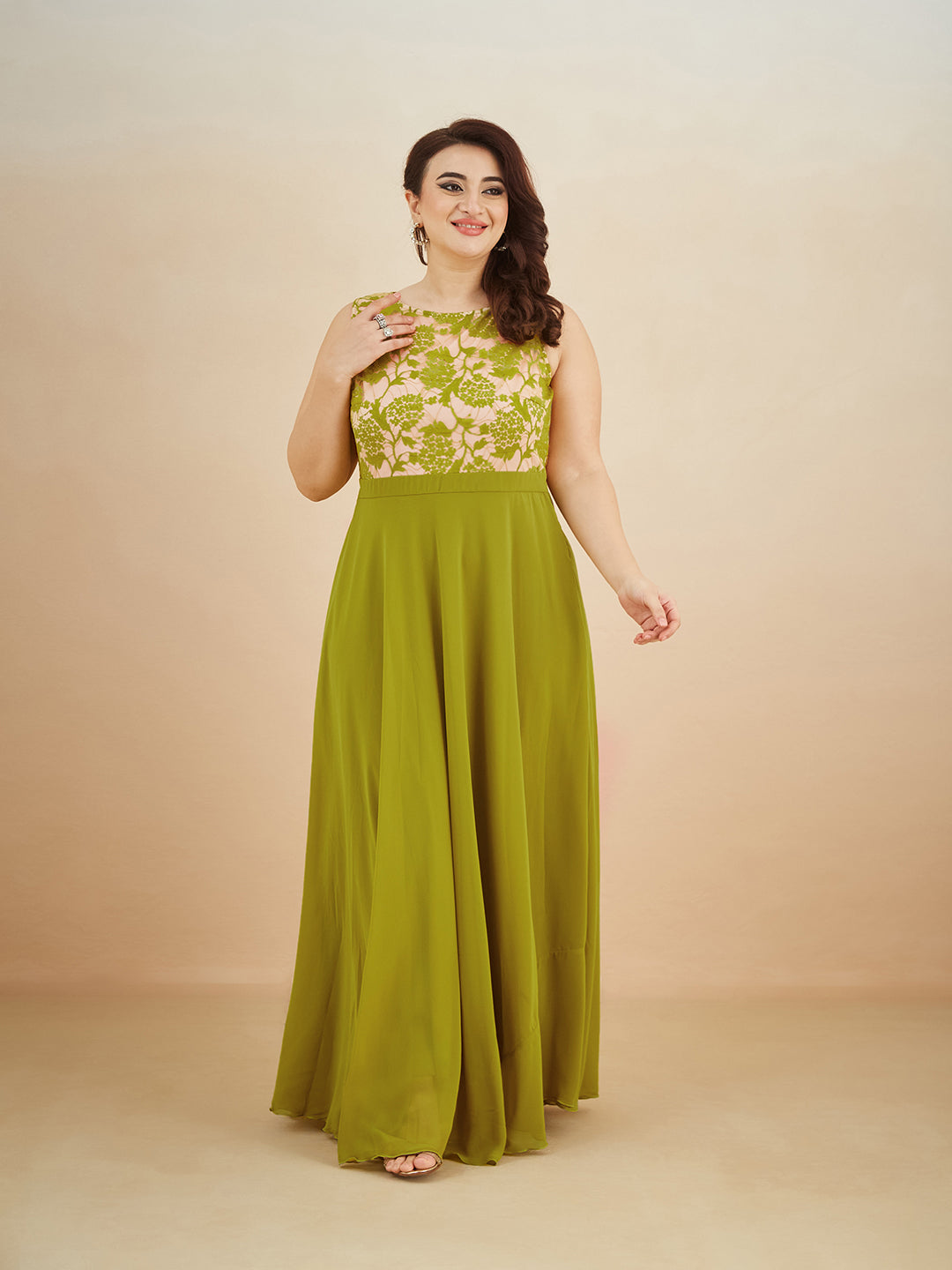 Lemon Green Round Neck Sleeveless Georgette Floral Lace Fit & Flare Maxi Dress for Women