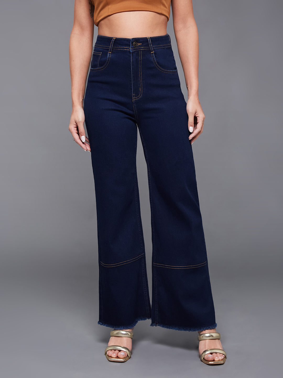 24/7 Comfort Navy-Blue Wide-Leg High-Rise Stretchable Denim Jeans