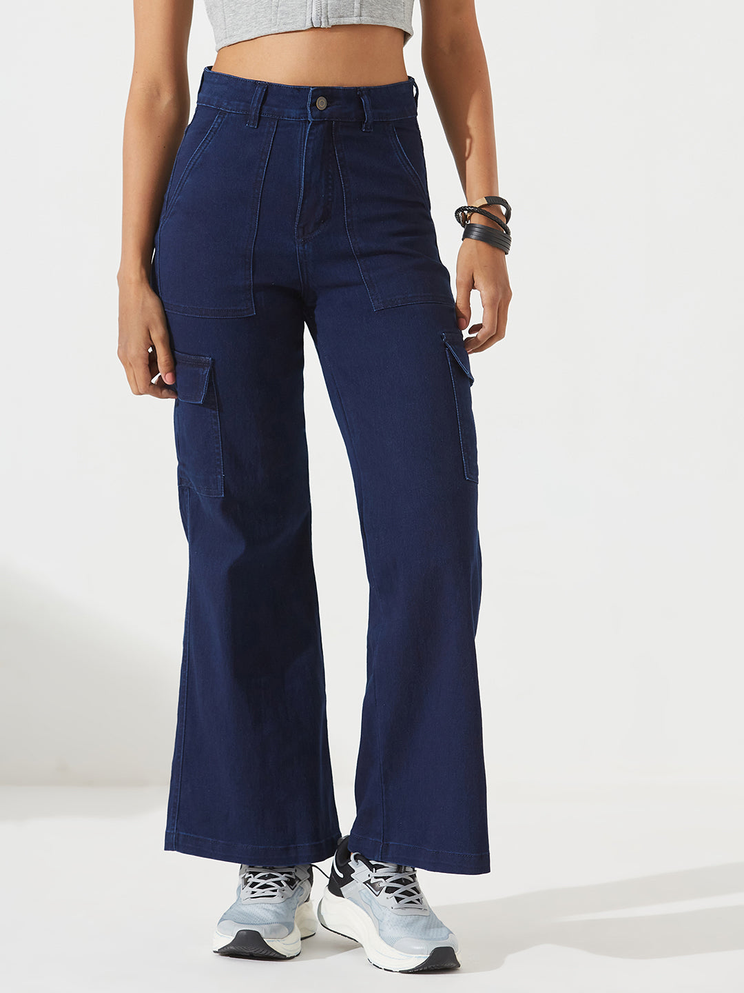 Navy Blue Wide-Leg High-Rise Stretchable Denim Cargo Jeans For Women