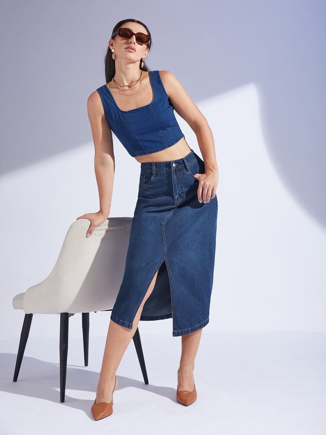Women's Dark-Blue A-Line High-Rise Non-stretchable Denim Midi Skirt