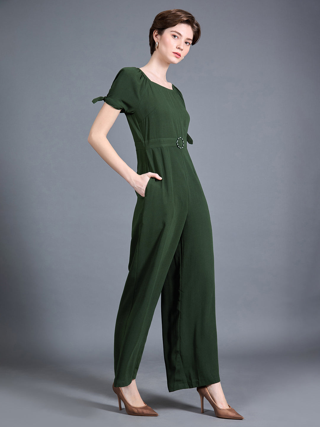 Women's Dark Green Square neck Puff sleeve Solid Wide Leg Regular Jumpsuit