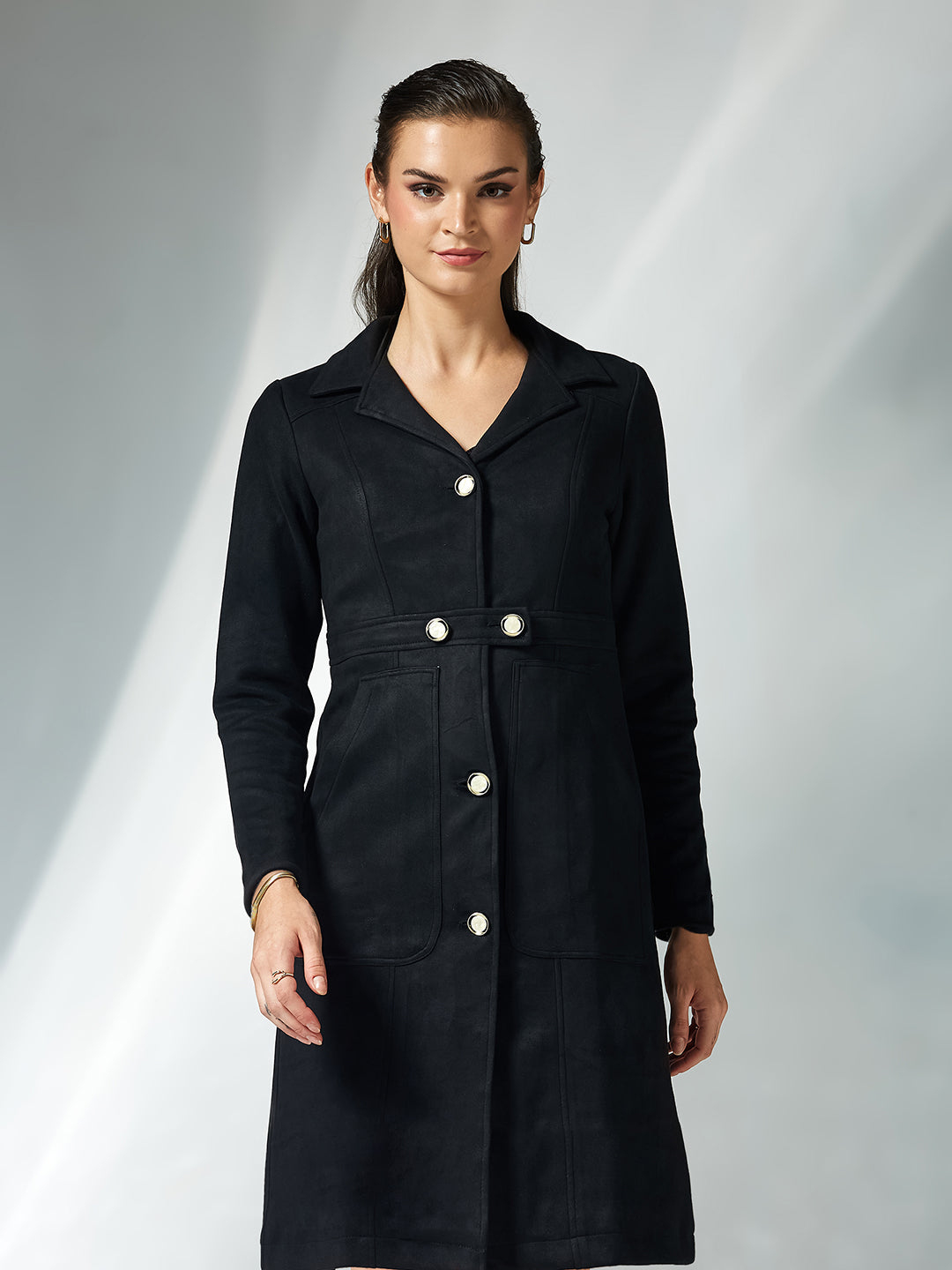 Women's Black Solid Shirt Collar Full Sleeves Patched Pocketed Polyester Button Down Longline Jacket