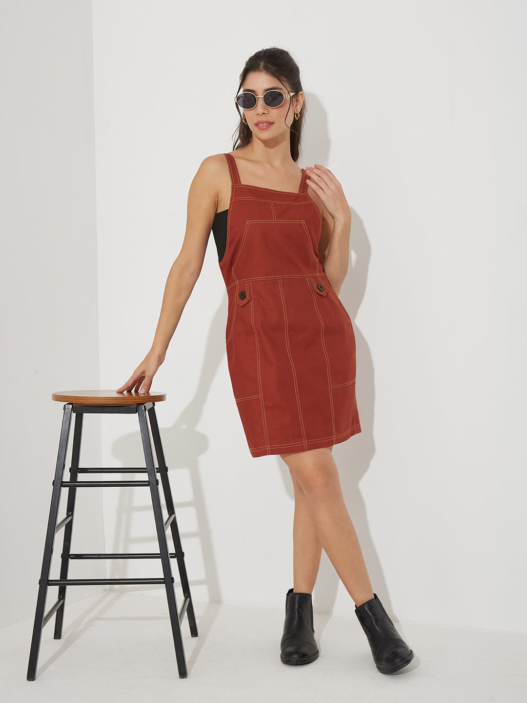 Women’s Rust Square Neck Solid Pinafore Knee-Long Cotton Dress for Women