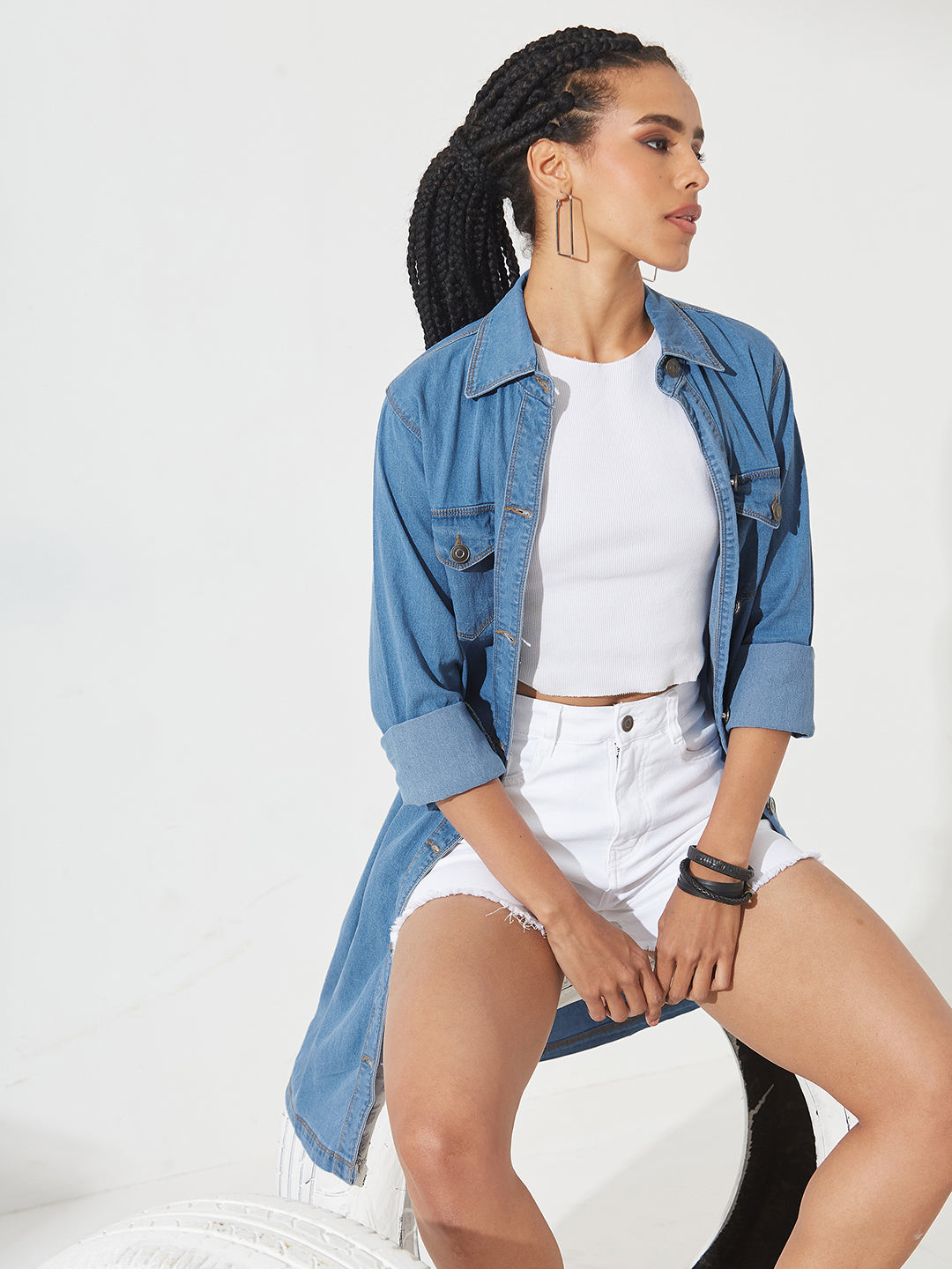 Blue Polo Neck Full Sleeves Denim Knee-Long Shrug for Women