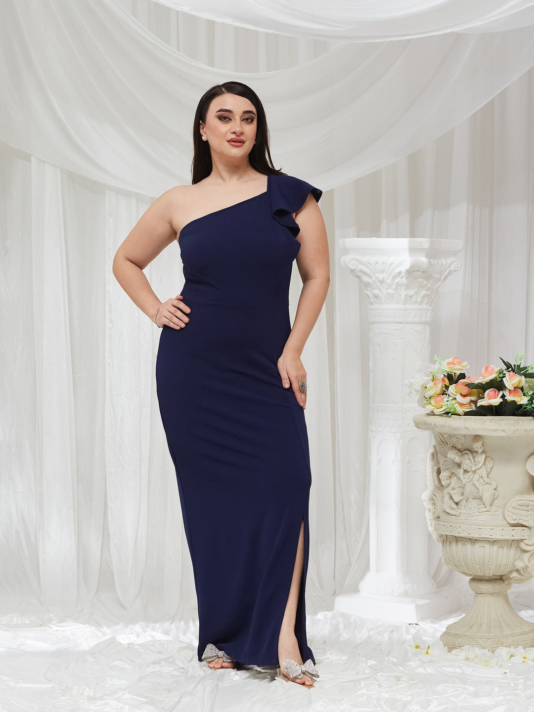 Navy Blue Solid One Shoulder Sleeveless Ruffled Maxi Dress for Women