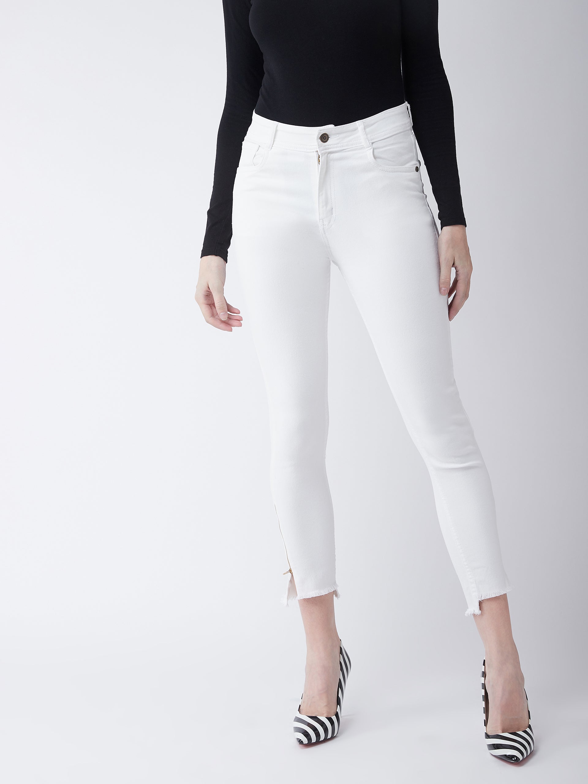 Women's White Skinny-Fit High-Rise Side-Slit Raw Edge Detailing Clean-Look Cropped Stretchable Denim Jeans