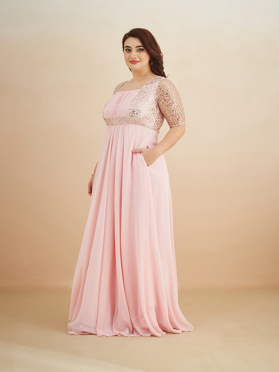 Dusty Pink Square Neck Half Sleeve Solid Embellished Maxi Dress for Women