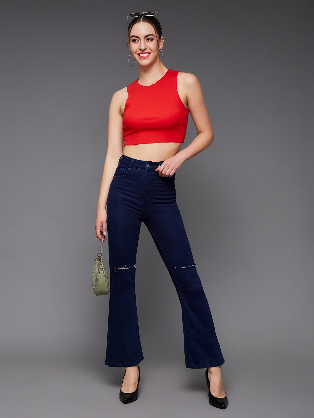 24/7 Comfort Navy-Blue Bell-Bottom Bootcut High-Rise Stretchable Denim Jeans for Women