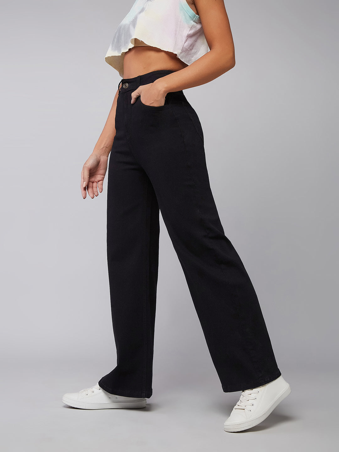 24/7 Comfort Black Wide-Leg High-Rise Clean-Look Stretchable Denim Jeans for Women