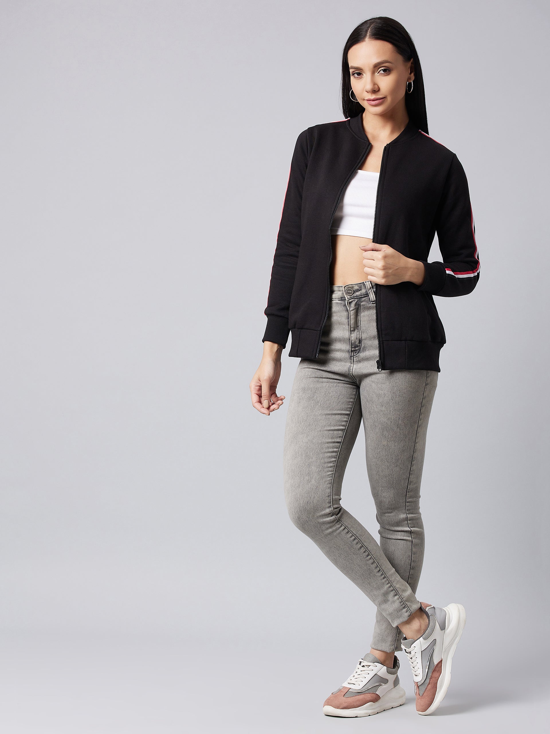 Women's Black V-Neck Full Sleeve Solid Bomber Regular Jacket